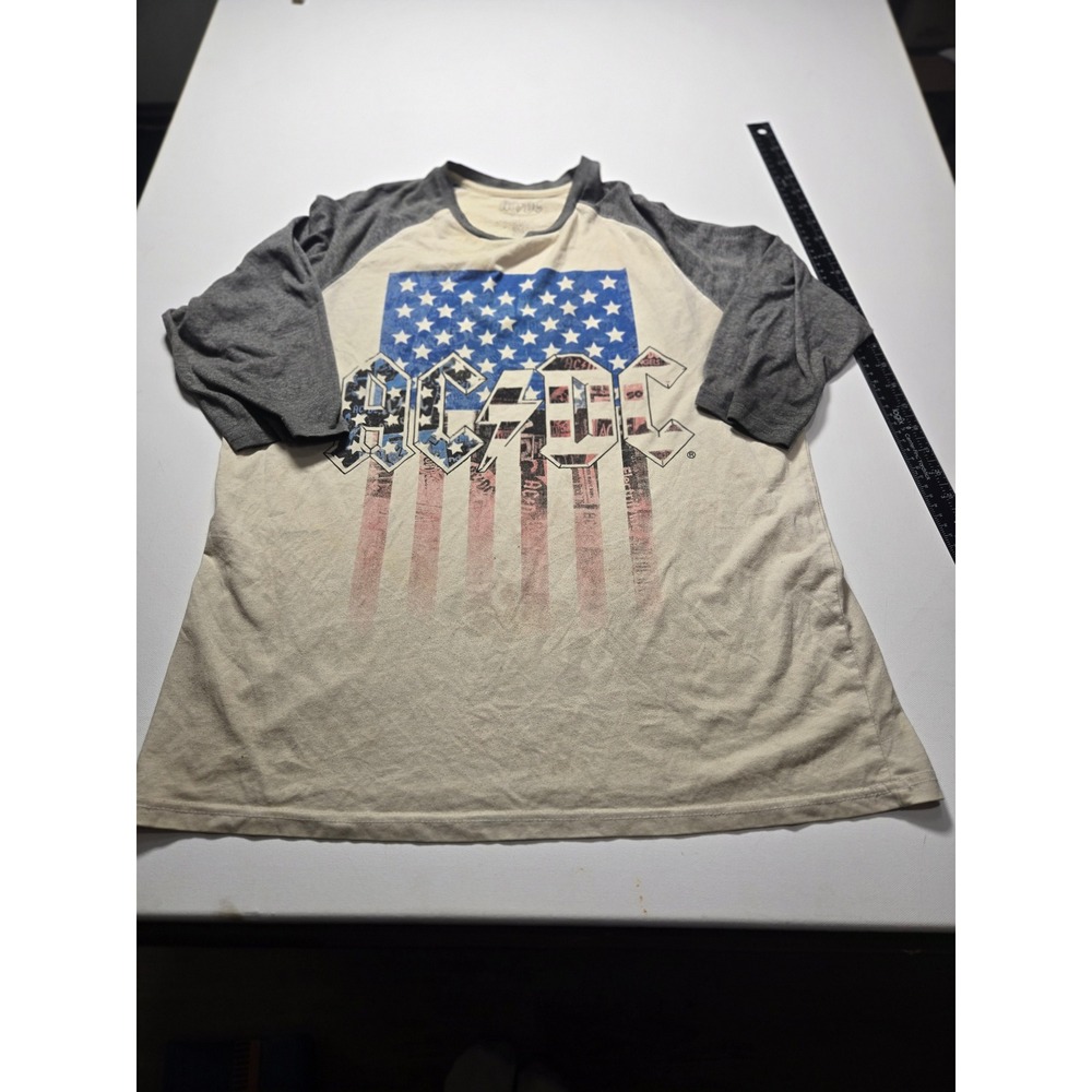AC/DC Graphic Raglan Shirt Mens Large Cream Grey Good American Flag Band Tee